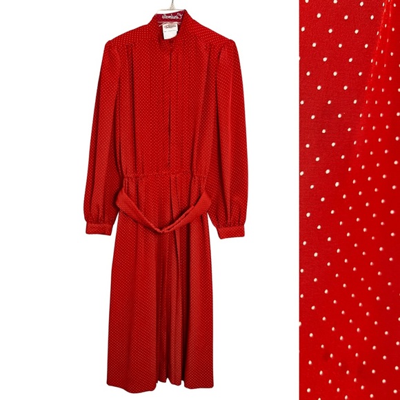 Vintage Talbots Red Dainty Polka Dot Pleated 80s Shirt Dress Size 10‎ Dolette - Picture 1 of 9